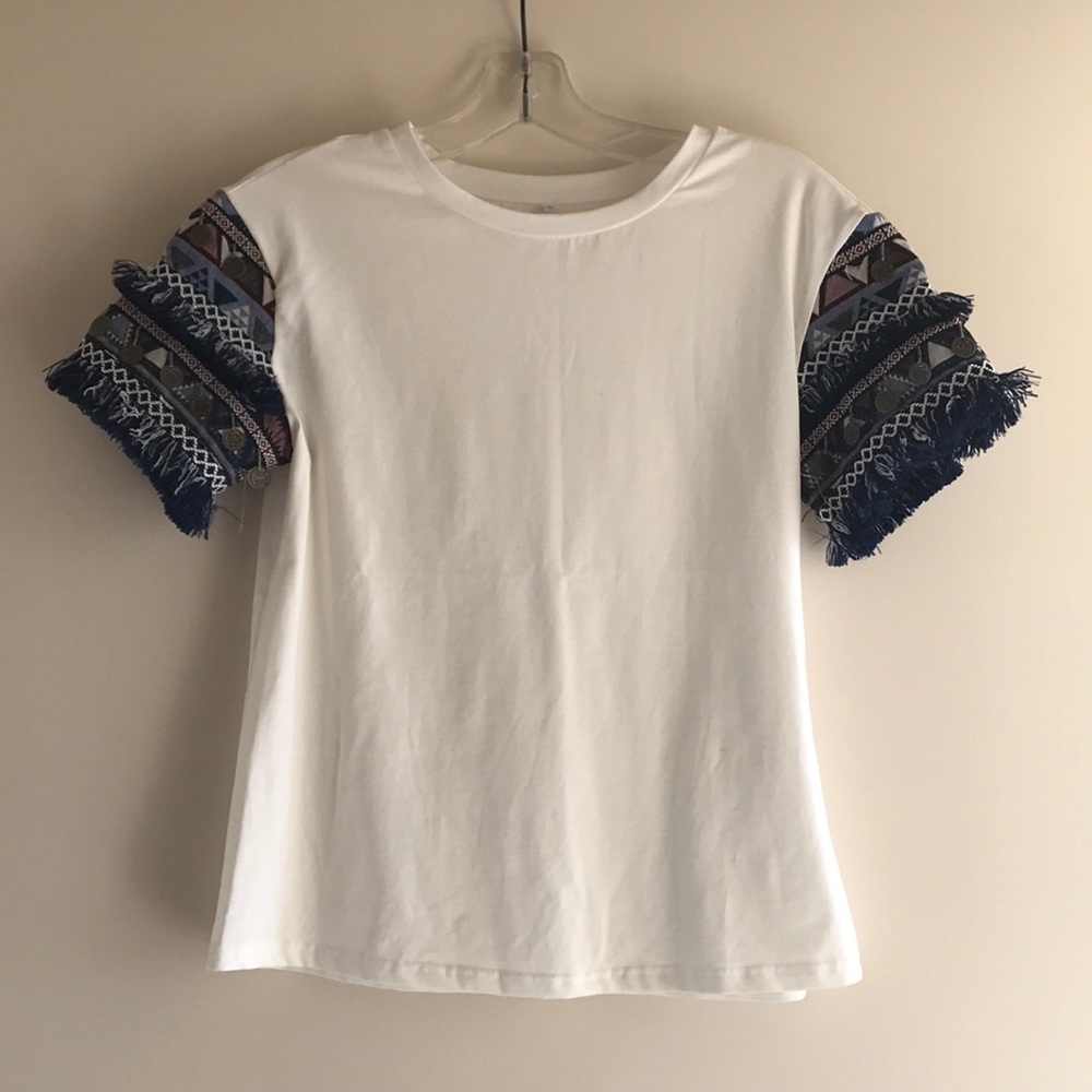 White T with Embellished Sleeves